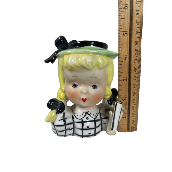 Vintage ROYAL SEALY JAPAN Girl Head Ceramic Vase Plaid/Blk Bow Blonde Hair - Picture 4 of 5